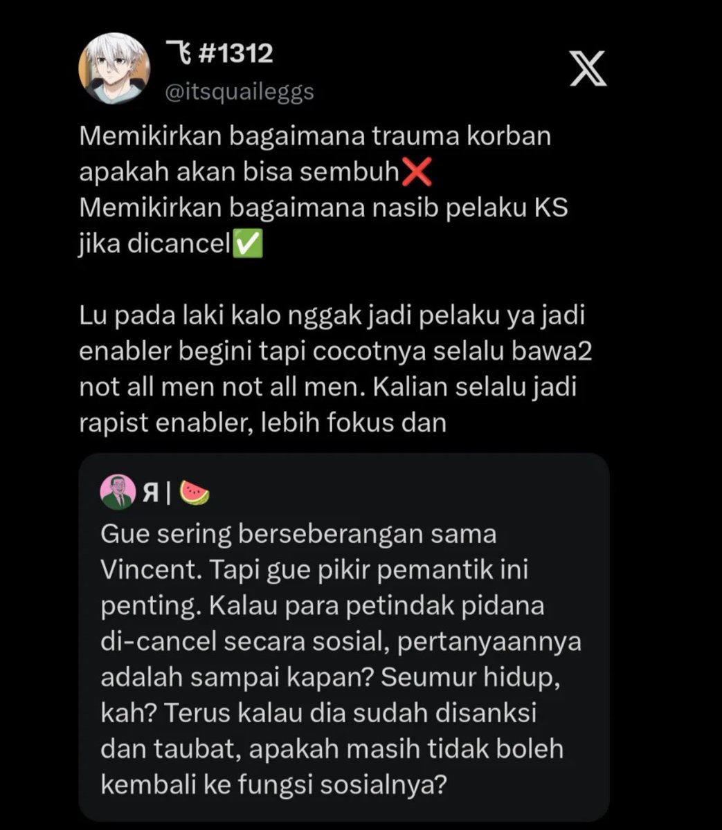 bvffclassic's tweet photo. nah loh, sekarang yang jadi pelaku KS lu sendiri @nanguoderen @itsquaileggs. keren. mana se-pengecut itu lagi, ga hold yourself accountable.

terus sirkel feminisnya ngatain korban yg speak up sebagai tukang bully, wow. kayak gitu ngaku feminis, malu. performative final boss. https://t.co/ez0xOwOF68