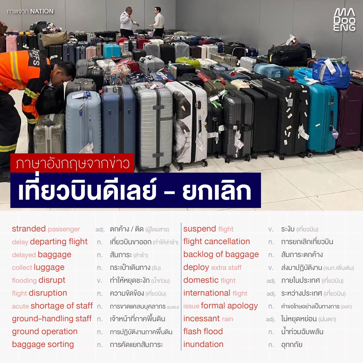 madooengg's tweet photo. เรียนคำศัพท์และสำนวนภาษาอังกฤษจากข่าว “เที่ยวบินดีเลย์ – ยกเลิก กระเป๋าตกค้าง”
ภาพจาก NATION

📖 มาดูอิ๊ง โดยครูเต๋า ครุศาสตร์ จุฬาฯ เกียรตินิยมอันดับ 1
📚 รับสอนพิเศษเดี่ยว/กลุ่ม
🎥 YT: MA DOO ENG
🖥 TIKTOK: @ma.doo.eng

#มาดูอิ๊ง #คำศัพท์ #vocabulary #english #น้ำท่วม https://t.co/dOGXQmDbNL