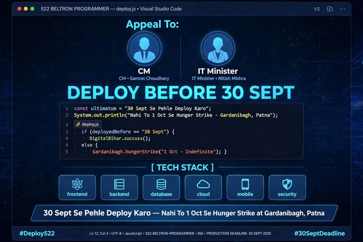 ghrit_kumar's tweet photo. @mishranitish Dear sir, please deploy 522Beltron Programmer as we are very depressed due to family, financial due to jobless as we are ready to serve Bihar ,and make Bihar as a IT hub.
#Deploy522BeltronProgrammer https://t.co/K2CWkdCOEa