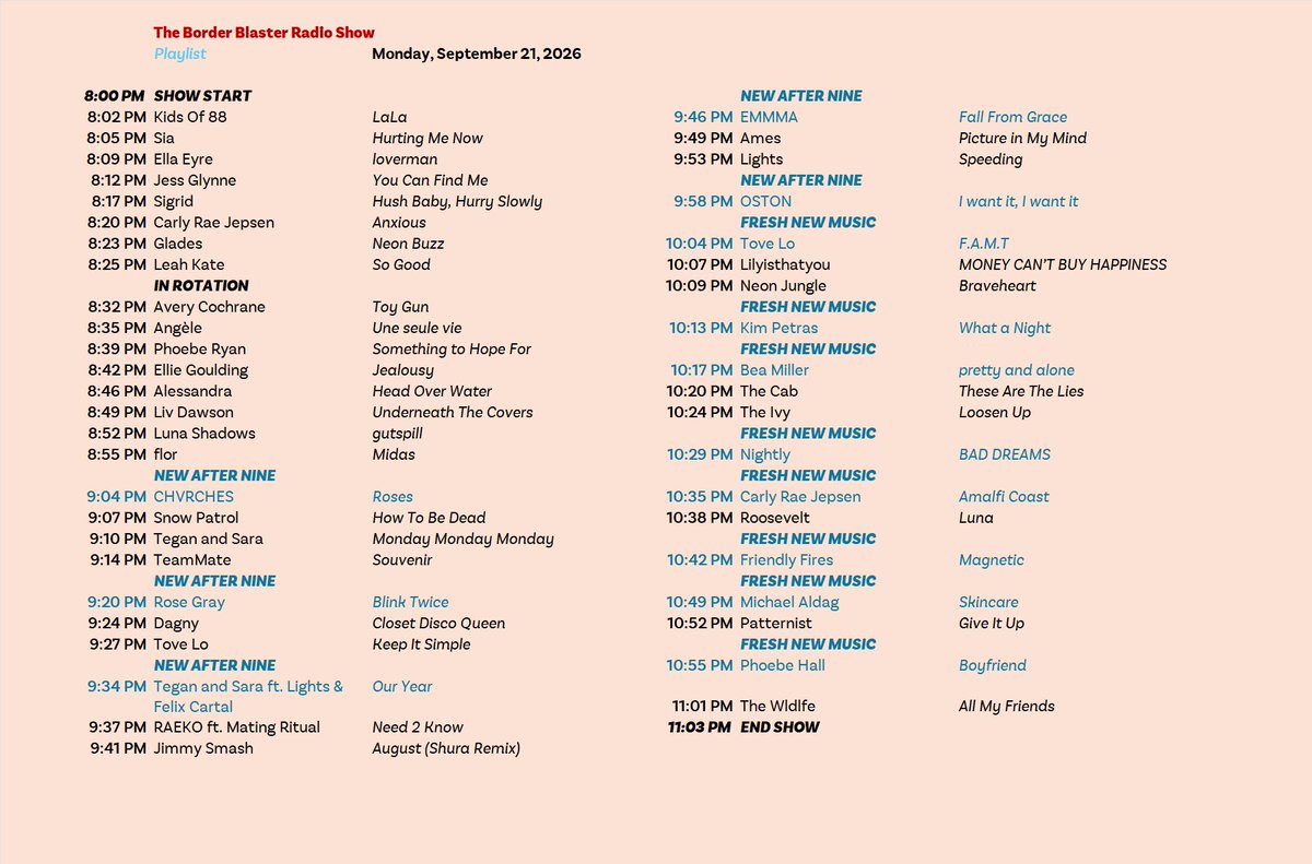 benzjfm's tweet photo. Here's this week's Border Blaster Radio Show playlist, including new music from CHVRCHES, Rose Gray, and more, plus great tracks from the almost-mainstream! Tune in again Monday at 8pm on WBNY and on the RadioFX app — and don't miss the dance music Wednesday on DEX! https://t.co/JIivZVFCpE
