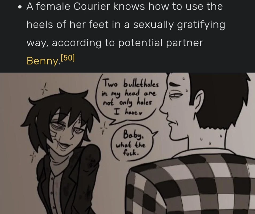 ShitpostRock's tweet photo. The female Courier from Fallout New Vegas canonically gives banger footjobs according to Benny https://t.co/qUW8cRAgww