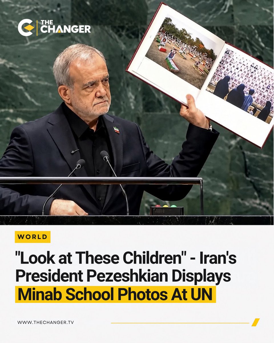 thechanger_tv's tweet photo. Iranian President Masoud Pezeshkian displayed photographs of children killed in the Minab school strike during his address to the United Nations General Assembly.

For further details, visit The Changer’s website. Link in bio.
.
#Iran #Pezeshkian #Minab #UNGA #UnitedNations https://t.co/ze6SXZb2FQ