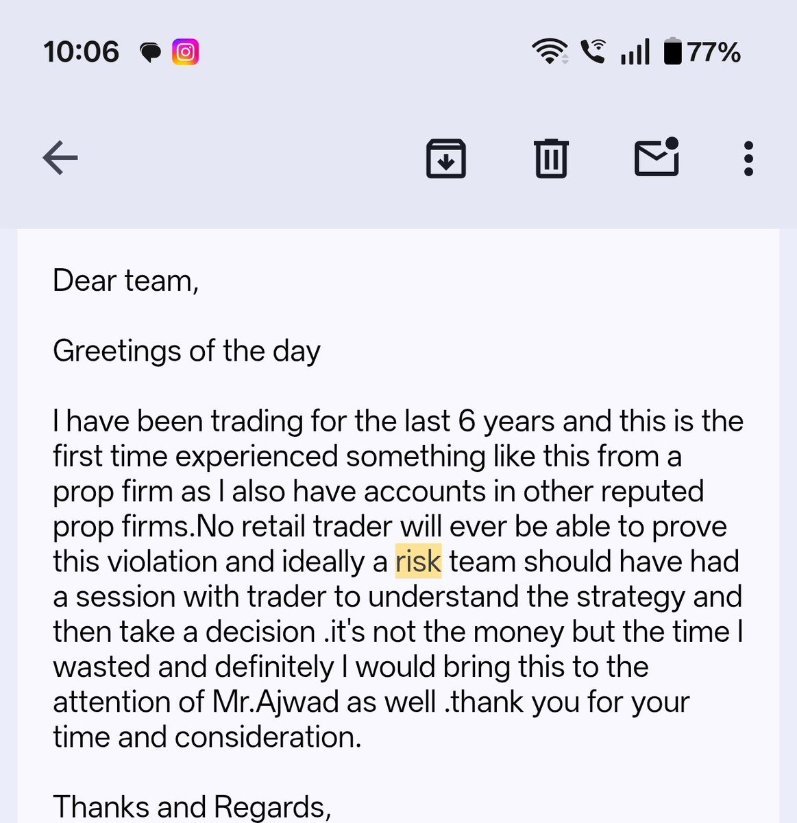 Mithun_Mindset's tweet photo. I agree with what you said and I wrote a mail to them mentioning the same but you can see their reply below.they do pay small payouts and to influencers.i have seen influencers also posting their  request for payout in X ,may be they are also scared.I just tried @fundedsquad after seeing some influencers and when I approached them they mentioned they can't help as I didn't use their code to purchase account.This was my first 200k so got a bit disappointed after payout rejection as I have never faced such denials from other good firms.