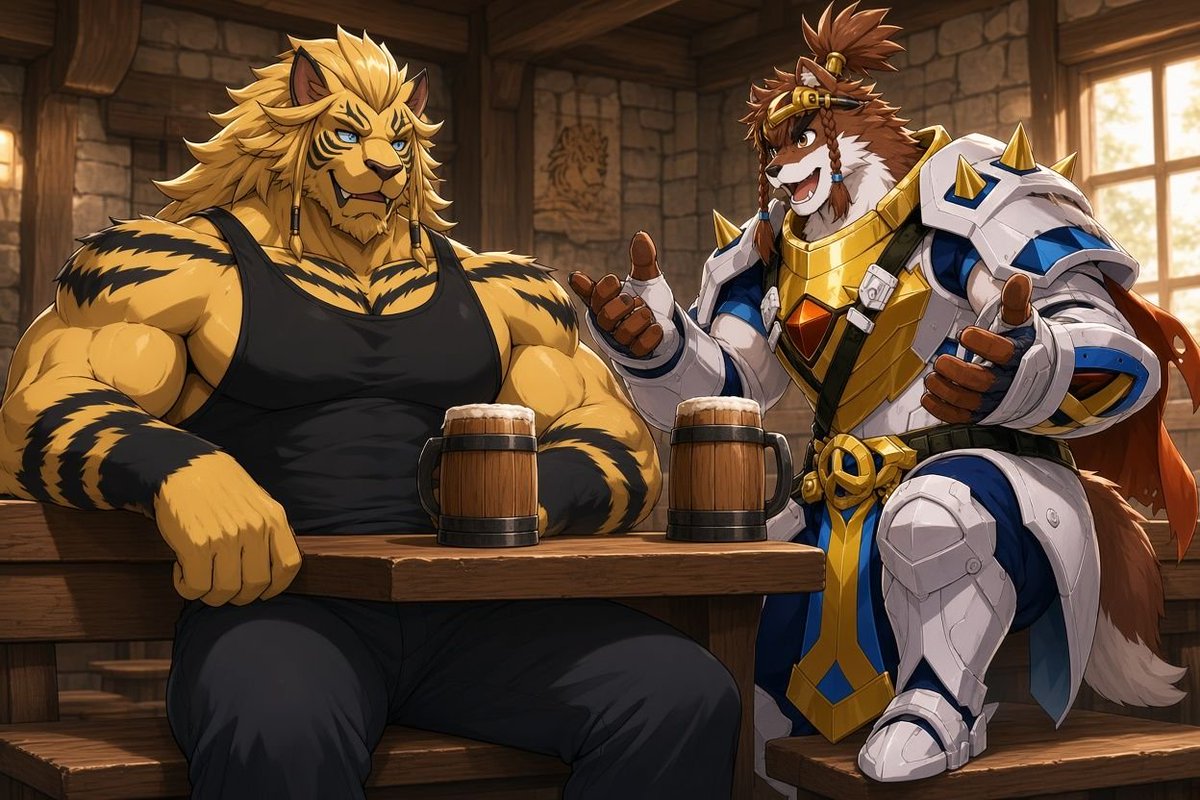 Sventigerwolf's tweet photo. Hello @teren0894 🎨 After a hard fight, my king🦁goes👣to a bar🏠and talks to the mercenary friend Cartuja🐕while doing so https://t.co/ePIA8q6Hhe