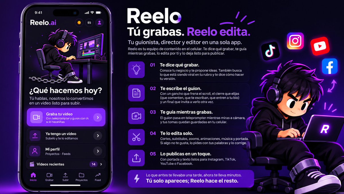 FedeEdiciones's tweet photo. Estoy terminando Reelo AI . Tu Equipo de Producción Completo para tu Marca personal. ¿No tienes guión? Lo hace. Quieres grabar? Te graba con Teleprompter. Quieres que te edite el video? Te lo deja listo en minutos. Subtítulos, transiciones, animaciones, corta todos los silencios. BASTA DE PERDER TIEMPO SIN SABER QUÉ PUBLICAR Y EMPEZÁ A HACER CRECER TU MARCA PERSONAL. En comentarios voy a dejar videos editados con esta app. #edicióndevideo #edición #youtube #tiktok #instagram