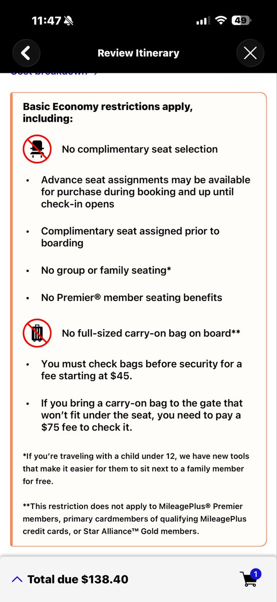 National_Mess's tweet photo. everyone keeps pretending they didn’t know United makes you pay for a carry on on basic economy, mind u this is what pops up every time you click basic economy lol https://t.co/RVgMhcFVMz