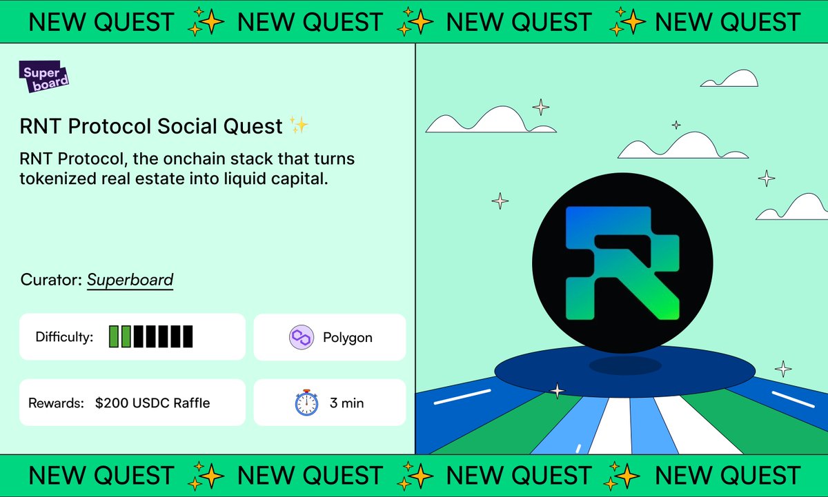 Superboard_'s tweet photo. RNT Protocol Social Quest is live! ✨

@rntprotocol, the onchain stack that turns tokenized real estate into liquid capital.

🔓 Hold 500 SUPR Points to unlock
🔔 Follow RNT Protocol on X
✅ Complete social tasks
🎁 Enter the $200 USDC raffle

Join → https://t.co/0EhUUDkgnR https://t.co/rkeH8NmFmi