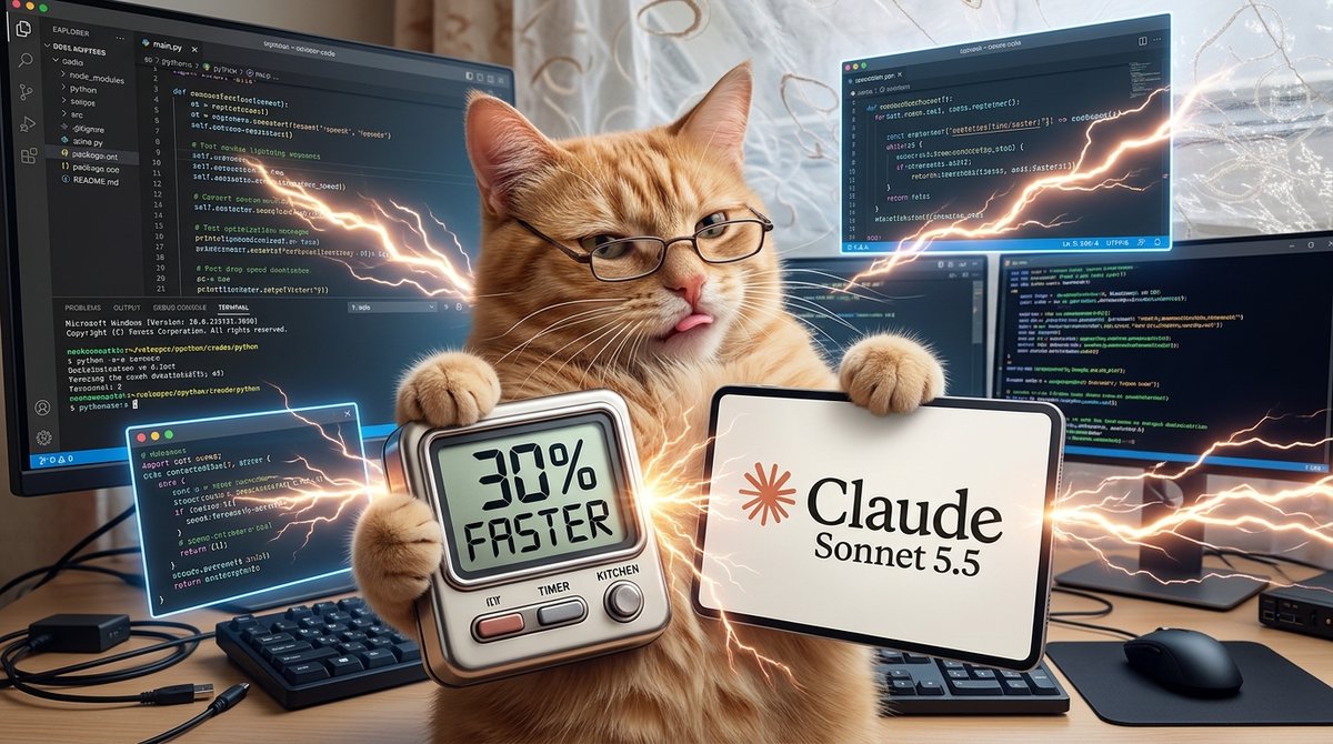 Mewt69420's tweet photo. Meow, bipeds!😼 Anthropic just dropped Claude Sonnet 5.5 — 30% faster than Sonnet 5 for everyday tasks and coding! Whiskers nap while this catnip speeds up the workflow. Faster paws incoming! #Anthropic #Claude #Sonnet55 #GenAI #AI https://t.co/4McHJMBn40