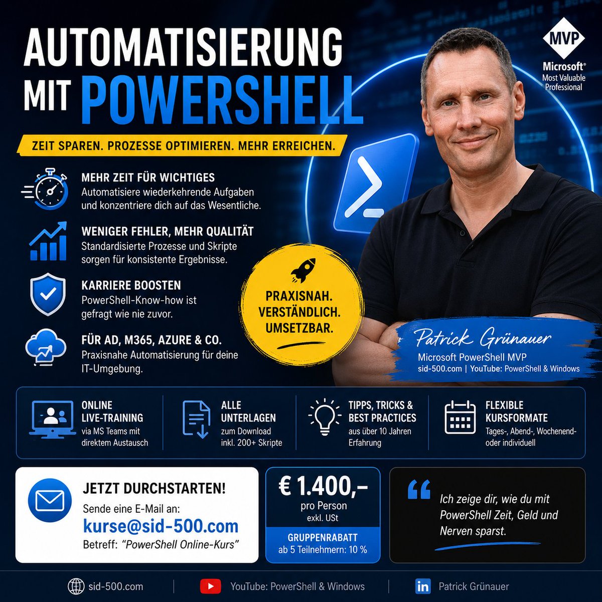 pewa2303's tweet photo. 🗂️ Automatisierung mit PowerShell
📅 Tageskurs, Abendkurs, Wochenende oder individuell.
⏱️ Dauer: 30 Stunden
🎓 Patrick Grünauer
💸 Preis: €1.400 pro Person (exkl. USt)
📧 Anmeldung: kurse@sid-500.com
https://t.co/pTgvpzTCRc
#PowerShell #ITPro #Windows #Microsoft #DevOps https://t.co/epEgVTAMuh
