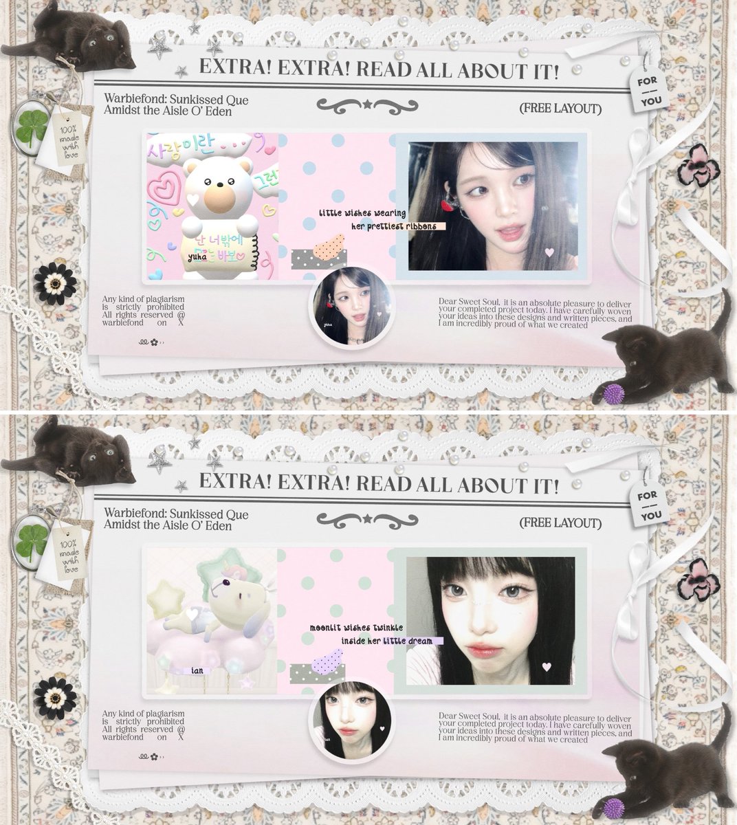 warbiefond's tweet photo. Help repost, guys! ★ Kabar kecil—Daisy ingin berbagi 4 FREE layout ready stock dibawah ini dengan 𖦹 syarat; repost ini + reply dipost ini wish yang baik-baik untuk Daisy dan kamu juga ♡ ⋮ Diumumkan hari ini, jadi ayo ikutan! Scroll for details, ya :9 #zonauang https://t.co/zEv9vidDmL