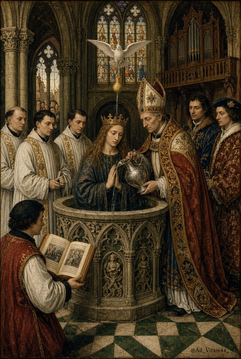 Ad_Vitam44_'s tweet photo. La France est traditionnellement appelée la « fille aînée de l’Église ⛪️ » en mémoire du baptême de Clovis, à la fin du Ve siècle. En recevant le baptême, le roi des Francs choisit le christianisme catholique et noue un lien durable entre son royaume et l’Église. Au fil des siècles, ce lien deviendra l’un des fondements spirituels et symboliques de la monarchie française, faisant de la France, dans la tradition catholique, sa « fille aînée ».✝️