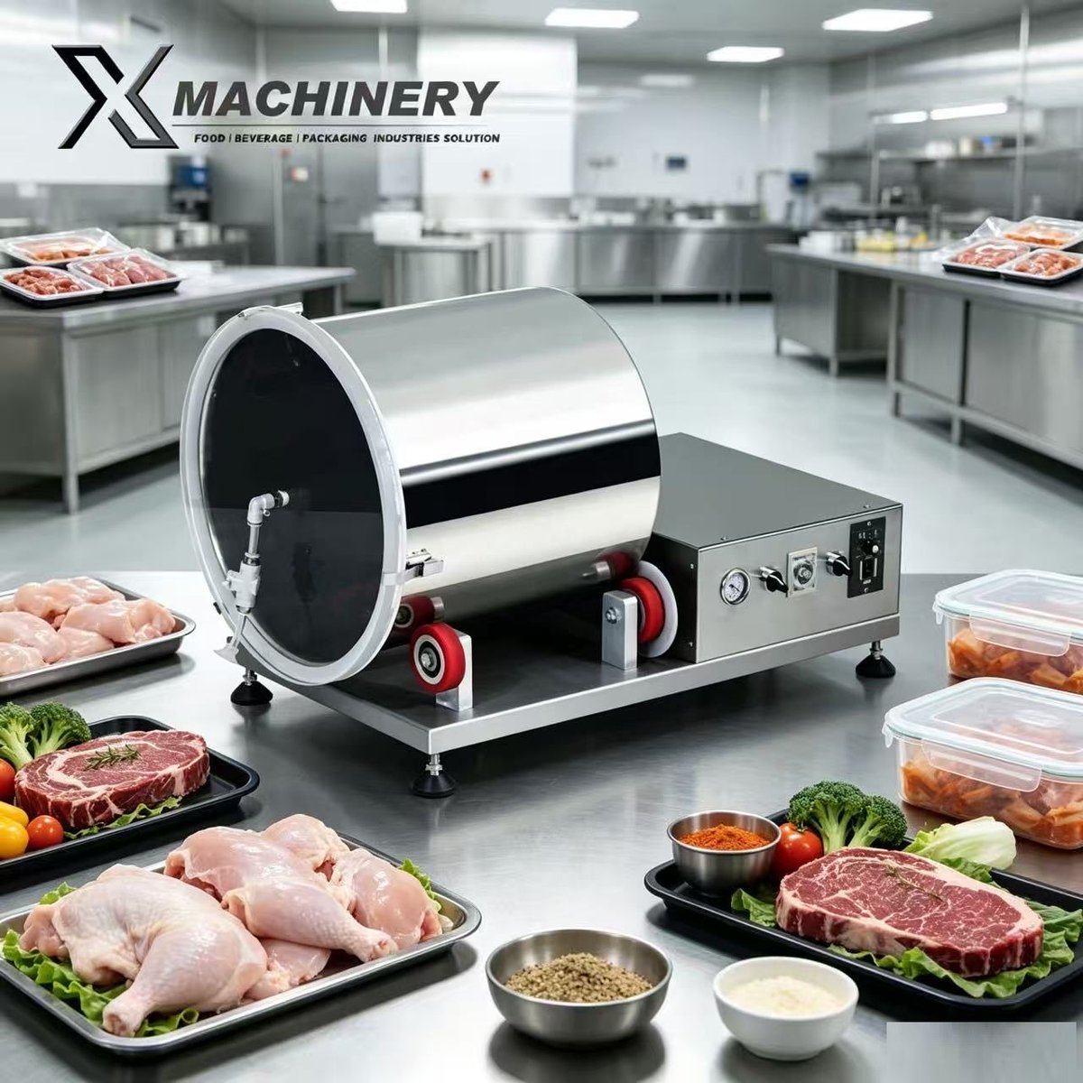 CafeStation2's tweet photo. Our 50kg vacuum tumbler marinating machine, recommended working load 25kg. Full SUS304 stainless steel construction. Vacuum tumbling helps meat absorb marinade fully, keeps meat tender and juicy, cuts marination time. Perfect for small food workshop and central kitchen. https://t.co/Obdq9iHGAj