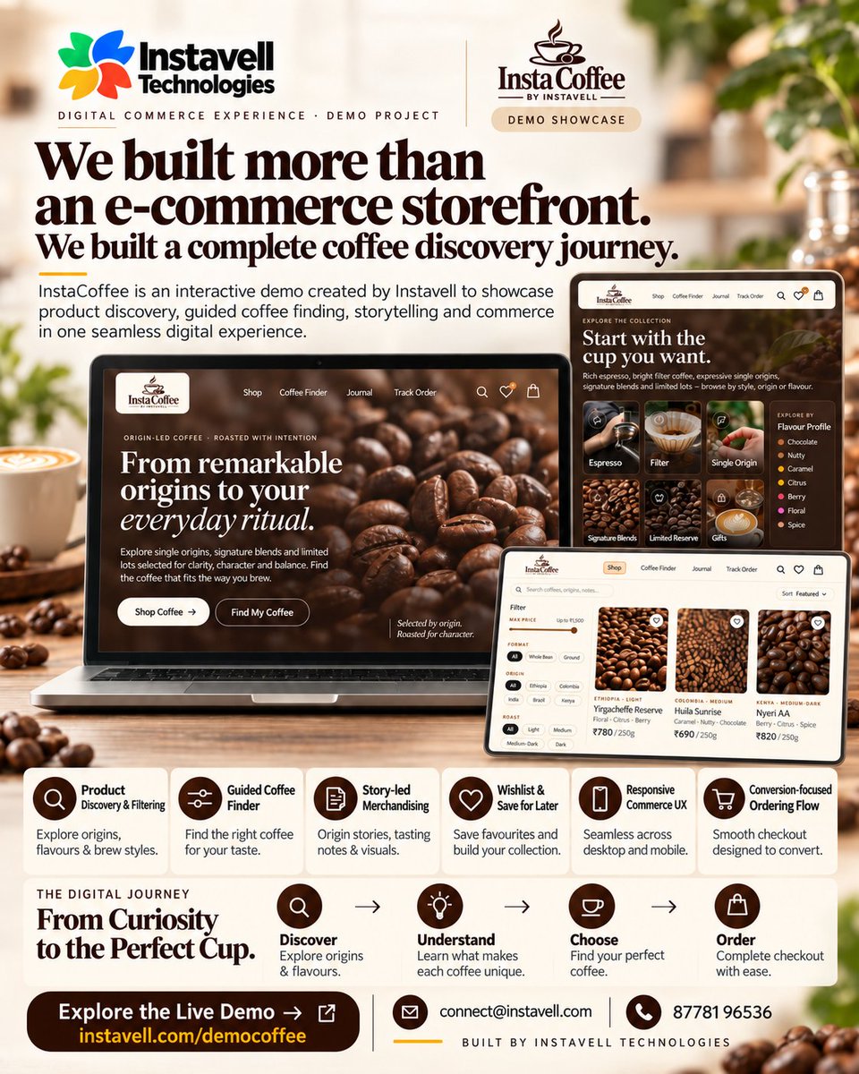 instavelltech's tweet photo. A Commerce should do more than display products. Help customers discover → decide → order while connecting payments, CRM &amp; workflows.

Explore InstaCoffee: https://t.co/qQwM2TqlhA

#DigitalCommerce #Ecommerce #Automation https://t.co/yLDYwib6Pa