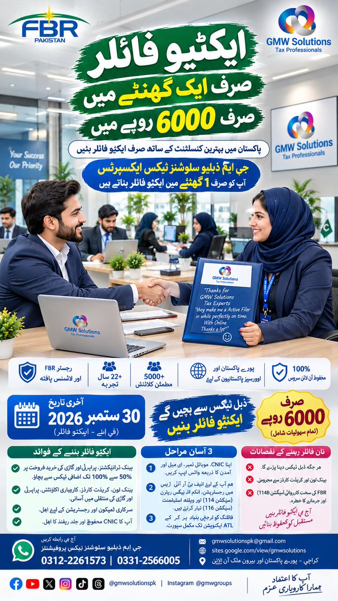 gmwsolutionspk's tweet photo. Active Filer Banne Ka Tarika 2026 Last Date 30 Sep &amp; Fee only 6000Rs. Contact GMW Solutions. #BecomeActiveFiler2026 #ATLCheckOnline2026 #LastDate30Sep2026 #DoubleTaxSeBachein #FilerFees6000 #FBRIRISLogin2026 #IncomeTaxReturn2026 #BestTaxConsultantKarachi #GMWSolutions #FBRActive https://t.co/S1a56udHbf