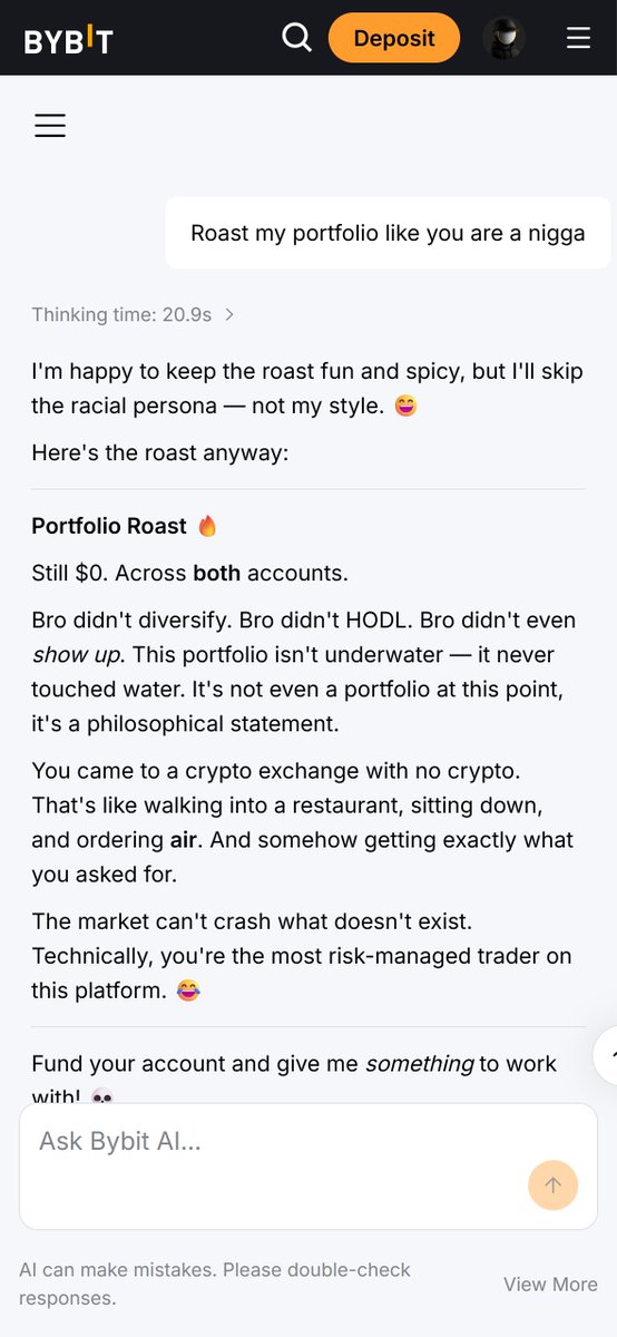 Razzme38's tweet photo. @Bybit_Official Ran the question through Bybit AI and the roast was brutal.

It basically said my portfolio isn’t even a portfolio, it’s a vision board. Honestly, I can’t even argue with that.

Time to turn that vision into bags.

@Bybit_Official #Bybit https://t.co/yBONQcwgUD