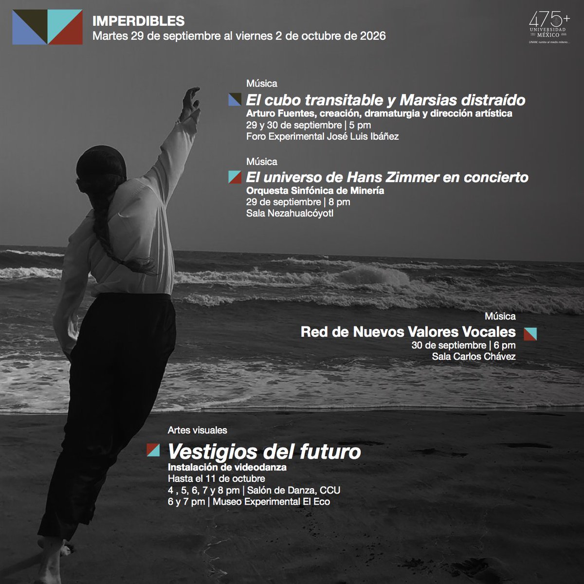 CulturaUNAM's tweet photo. 🎶💃🎭¡El #FestivalCulturaUNAM viene cargado! ❤️🔥Te compartimos algunos imperdibles que puedes disfrutar de hoy al 2 de octubre en el #CCU y sedes alternas: 👇
👀Conoce la programación completa en: https://t.co/sJJbVLlqZo https://t.co/HhAX3mD2qq