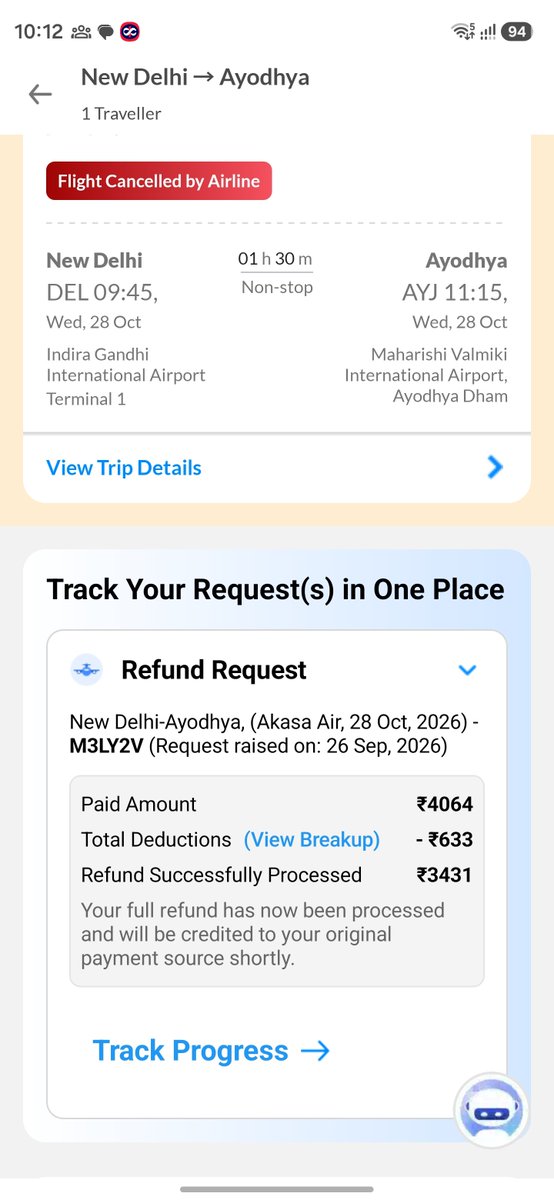 smaakash's tweet photo. @makemytrip @AkasaAir I booked a flight through MMT for₹4064 but the airline cancelled the flight. Now I’m being refunded only 3431 leaving a633 deduction Why am I being charged for a cancellation that was not my fault? Please provide a clear explanation and refund the full https://t.co/FKV2ChKHvD