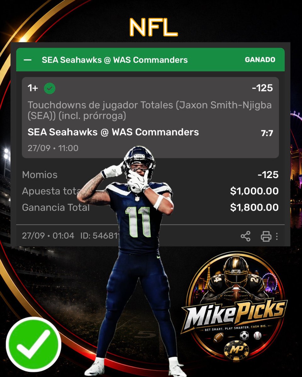 MikePicksNFL's tweet photo. Cobramos con el receptor más seguro  de los Seattle Seahawks ✅✅✅✅ Jason Smith-Njigba  por segunda semana consecutiva y nos vamos a cajas 🤑🏈🤑🏈
.
.
.
#NFL #Seattle #Seahawks https://t.co/0GQ4stEExa
