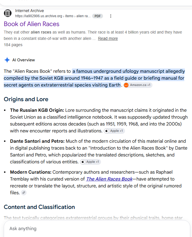 JaniceJame6vjh's tweet photo. Book of Alien Races:
Secret Russian KGB Book of Alien Species (Blue Planet Proj)
by Gil Carlson (Author)
Part of: Blue Planet Project (21 bks)
https://t.co/vsN8XLepb2
#Meme #ET #ETs #Alien #Aliens #Carlson #UFO #UFOs #Extraterrestrial #Extraterrestrials #UAP #UAPs #EBE #EBEs https://t.co/kj0WwZWHvg