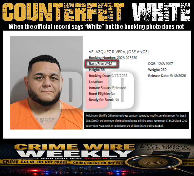 thetripledshow's tweet photo. COUNTERFEIT WHITE

VELAZQUEZ RIVERA, JOSE ANGEL
Booking Number: 2026-028550
Race/Sex: W/M
DOB: 12/2/1997
Height: 55
Weight: 250
Booking Date: 9/17/2026
Release Date: 9/18/2026
Inmate Status: Released
Bond Eligible: No
Ready for Bond: No

Polk County Sheriff’s Office charged three counts of battery by touching or striking under Fla. Stat. § 784.03(1)(a)1 and one count of culpable negligence inflicting actual harm under § 784.05(2); a $1,000 surety bond was posted on each charge and all dispositions are listed as bail.