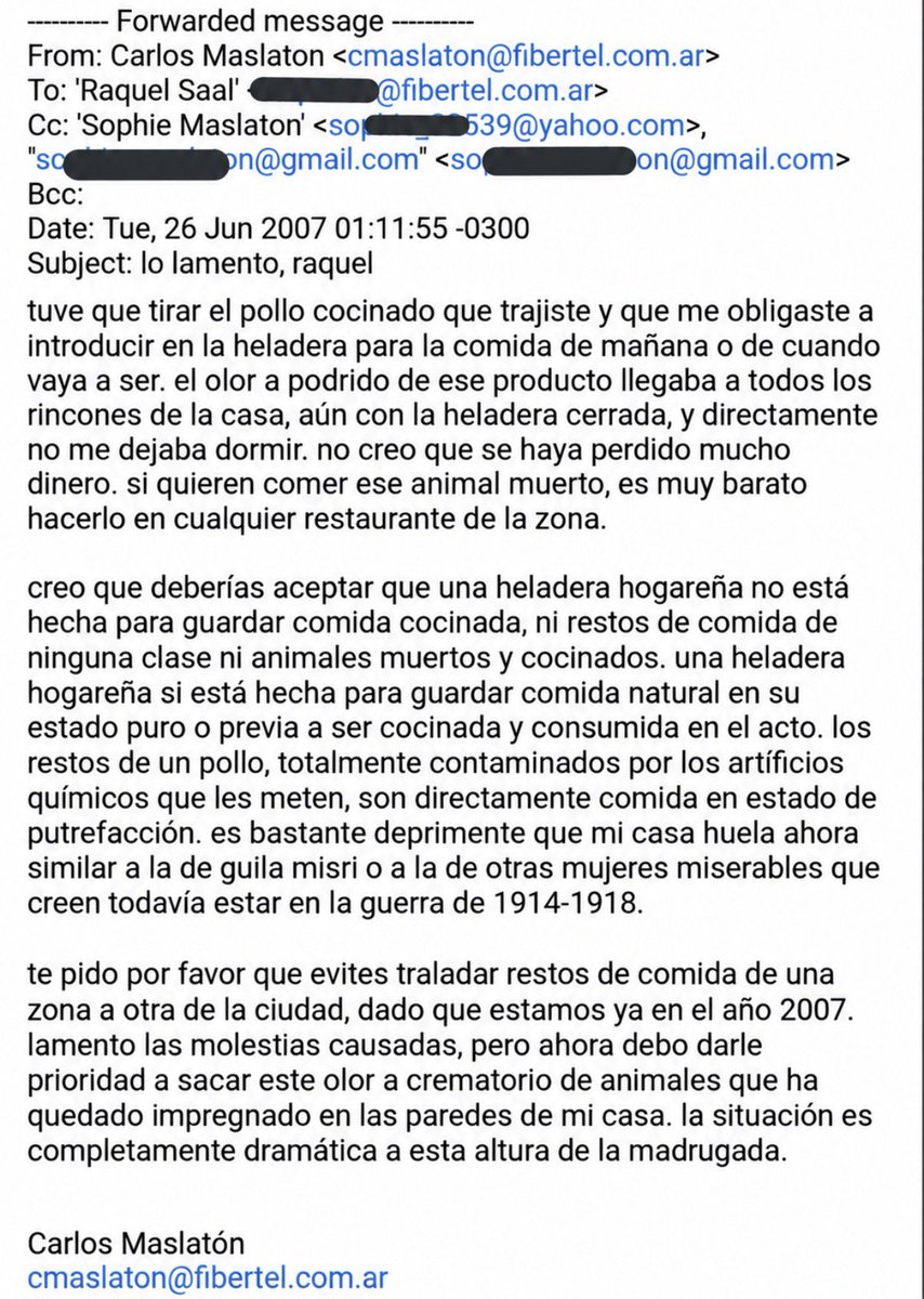 MaslaClassics's tweet photo. Email que le envié a mi madre hace 14 años con motivo de haber introducido clandestinamente un animal-pollo muerto y cocinado en la heladera de mi casa. https://t.co/n14UIhsA3X