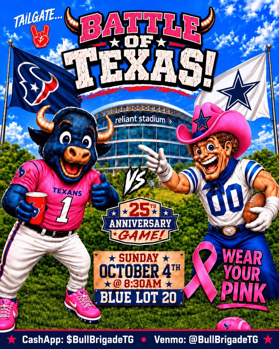BullBrigadeHTX's tweet photo. BATTLE FOR TEXAS THIS SUNDAY! 🤘

Texans vs. Cowboys—October 4 in Blue Lot 20! Burgers, Saint Arnold beer, Burgers, shots, batch drinks &amp; Paparazzi Cookies!

Donations keep us going! Links On Flyer. 

#BreastCancerAwarenessMonth https://t.co/H443a9AVyc