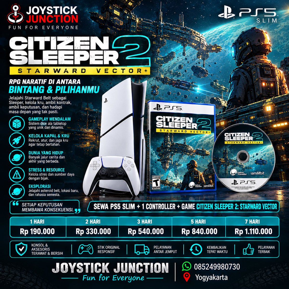 JJyogya's tweet photo. 🚀🌌 HIDUP DI UJUNG GALAKSI!

Masuki dunia sci-fi Citizen Sleeper 2: Starward Vector di PS5 🎮✨

🔥 Siap menentukan nasibmu di antara bintang? Sewa PS5 sekarang di Joystick Junction

JOYSTICK JUNCTION — Fun for Everyone
📱 WA: 085249980730

#sewaps #joystickjunction #jogja https://t.co/fRZFc22zVX