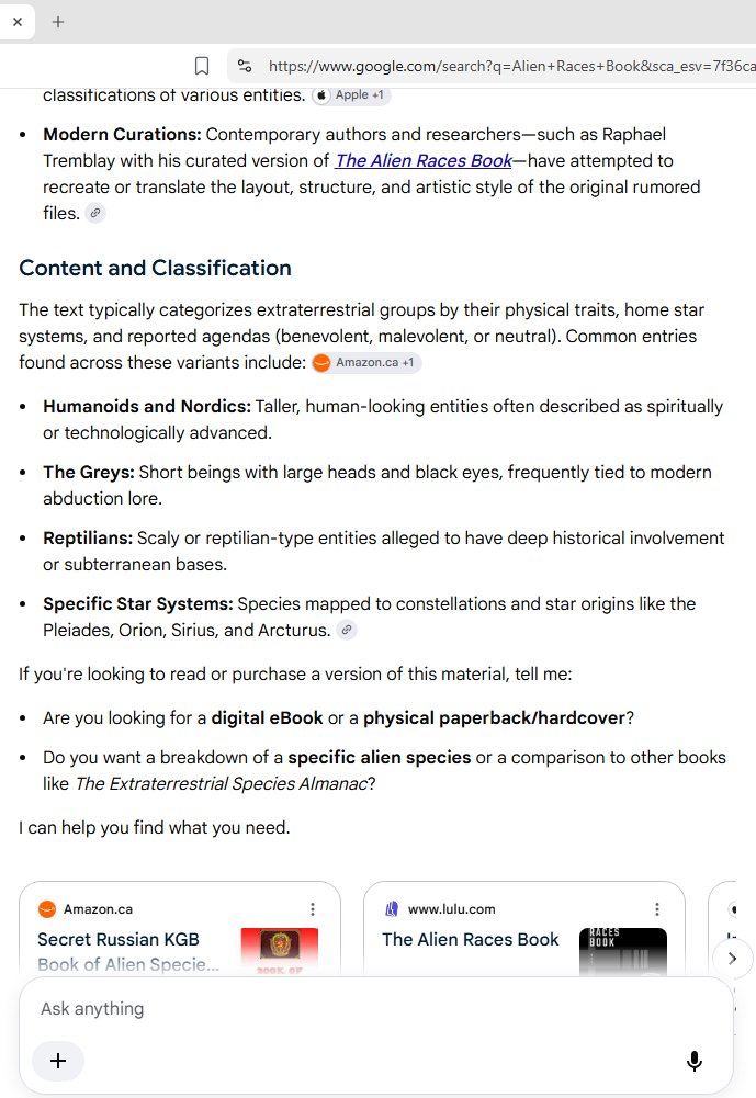 JaniceJame6vjh's tweet photo. Book of Alien Races:
Secret Russian KGB Book of Alien Species (Blue Planet Proj)
by Gil Carlson (Author)
Part of: Blue Planet Project (21 bks)
https://t.co/vsN8XLepb2
#Meme #ET #ETs #Alien #Aliens #Carlson #UFO #UFOs #Extraterrestrial #Extraterrestrials #UAP #UAPs #EBE #EBEs https://t.co/kj0WwZWHvg