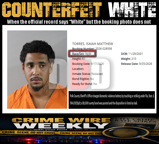 thetripledshow's tweet photo. COUNTERFEIT WHITE

TORRES, ISAIAH MATTHEW
Booking Number: 2026-028558
Race/Sex: W/M
DOB: 11/29/2001
Height: 61
Weight: 210
Booking Date: 9/17/2026
Release Date: 9/25/2026
Inmate Status: Released
Bond Eligible: No
Ready for Bond: No

Polk County Sheriff’s Office charged domestic-violence battery by touching or striking under Fla. Stat. § 784.03(1)(a)1; a $1,000 surety bond was posted and the disposition is listed as bail.