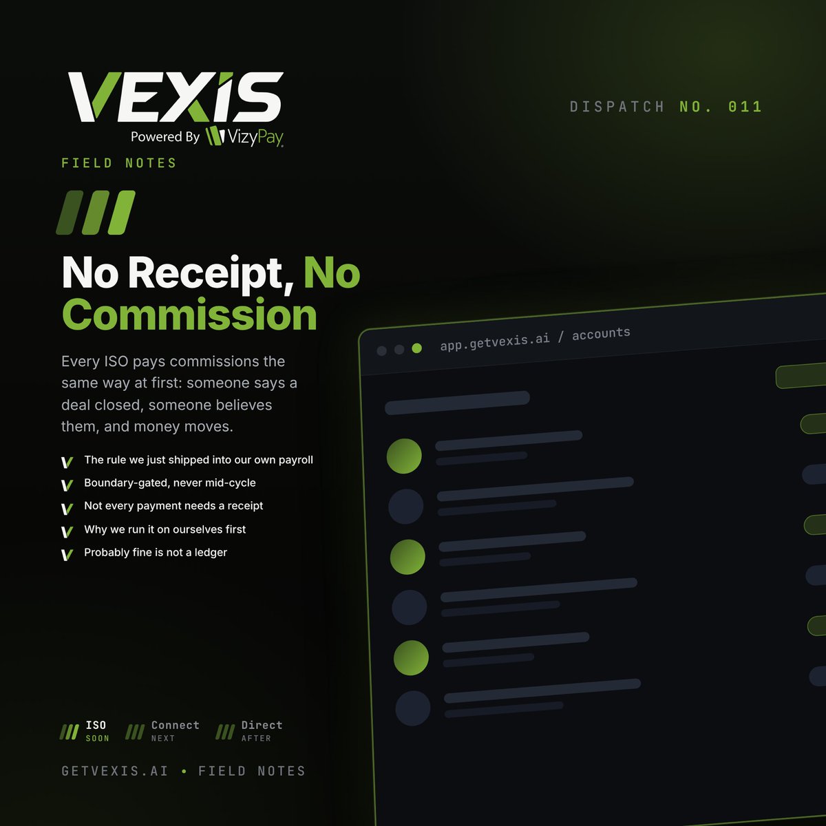 GetVexis's tweet photo. No Receipt, No Commission. Every ISO pays commissions the same way at first: someone says a deal closed, someone believes them, and money moves.

Read it: https://t.co/0UL4Oz5lae

#TeamVex #ISO #Payments #Someone #Receipt https://t.co/oYQJyyJmsC