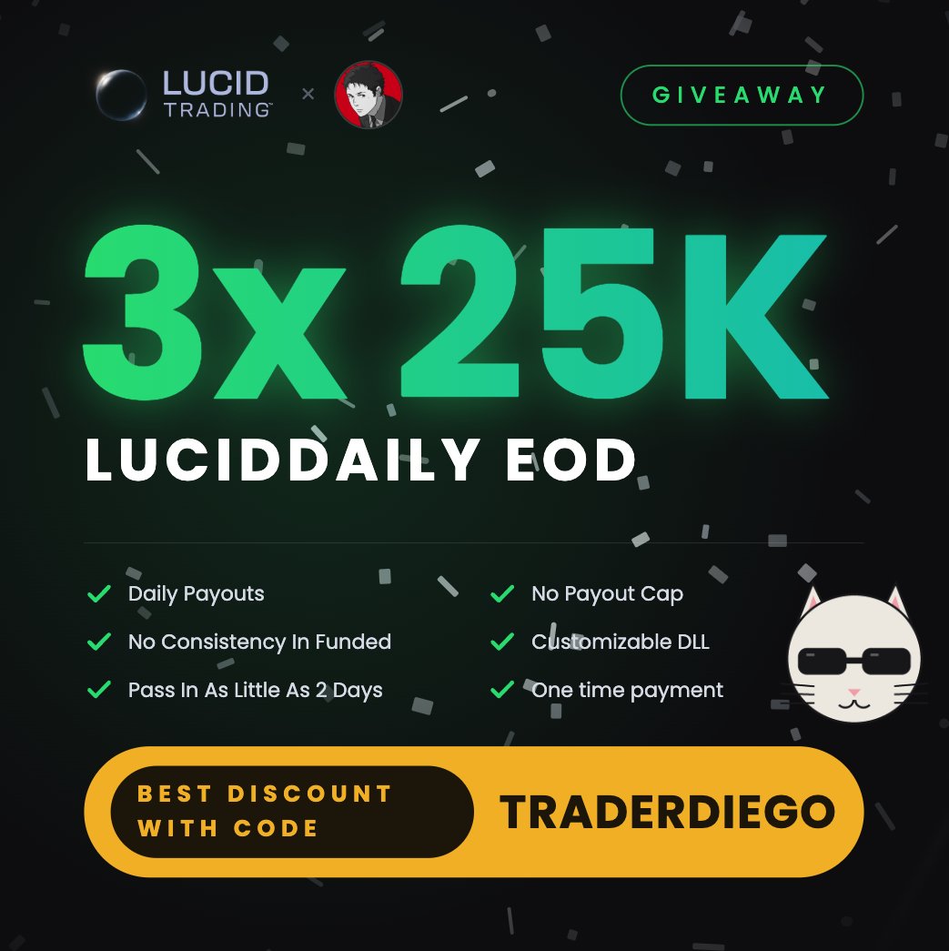 TraderDiegoX's tweet photo. 💎 3X LucidDaily Accounts Giveaway 💎

Thanks to @TradingLucid I got another 3 evals for you guys!

To join: Like this post, comment why you'll get a payout and sign up below:

👉🏻 https://t.co/NgeS6F8FLy

Winners will be announced October 2 https://t.co/H7W0KSBcXv