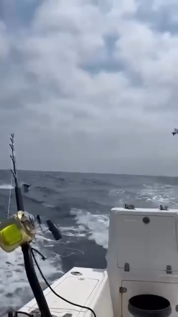 A view from a boat on choppy open ocean waters, showing a fishing rod in the foreground and a white marine console or equipment box on the right side.