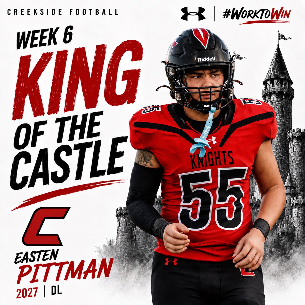 Creekside_fb's tweet photo. Congratulations to The King of the Castle (most physical defensive player) for week 6 vs Sandalwood 2027 DL Easten Pittman #WorkToWin🛡️⚔️ https://t.co/k3Q34hxaWu