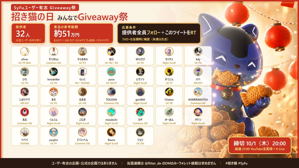 fitter_de's tweet photo. 【招き猫の日、SyFuユーザー有志32人でGiveaway祭】
🐱9/29は招き猫の日🐱

公式の企画ではなく、ユーザーが持ち寄り完全な善意でのギブアウェイ企画になります！

SyFuに興味ある人も、始めた方も、熟練者も、全員応募しちゃえ！！！提供者も応募OK!

招き猫の日を楽しみましょう('ω')ノ

【景品】参考総額 約51万円（$3,071＋200 EVT・9/24マケプレ価格・1ドル157円）
UC P4／UC P3 Elite／UC P3／UC P2／UC P1×2／UC OG×4／UC P0×4／Common OG×6／Right Scroll×11／TAIYAKI×2／100 EVT×2（提供者は画像と↓のリプ）

【応募条件】
①提供者全員をフォロー（一覧は↓のリプ。凍結の可能性もあるので数回に分けて時間を空けてどうぞ）

②このツイートをRT
（いいねもしてもらえると嬉しい）
※フォローは当選時に確認します。未達なら次点に繰り上げ

【締切】10/1（木）20:00
【抽選】10/1（木）21:00〜 YouTube生配信で発表（X Live同時）
　→ https://t.co/DNVL2QE8mI

⚠当選連絡は @fitter_de のDMのみ。ウォレット接続・シードフレーズは絶対に聞きません。複数アカウント応募は無効。
※景品の受け取りにはSyFuアカウント（ウォレット）が必要です

#招き猫 #SyFu