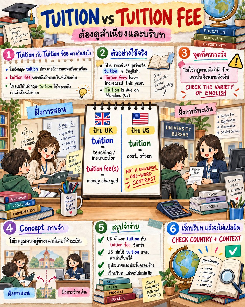 EngnowThailand's tweet photo. UK มักใช้ tuition กับการสอน และ tuition fee(s) กับค่าใช้จ่าย แต่ US ใช้ tuition หมายถึงค่าเล่าเรียนได้ ดูสำเนียงและบริบทเสมอ #Engnow #BusinessEnglish https://t.co/1DLNGjaZSD