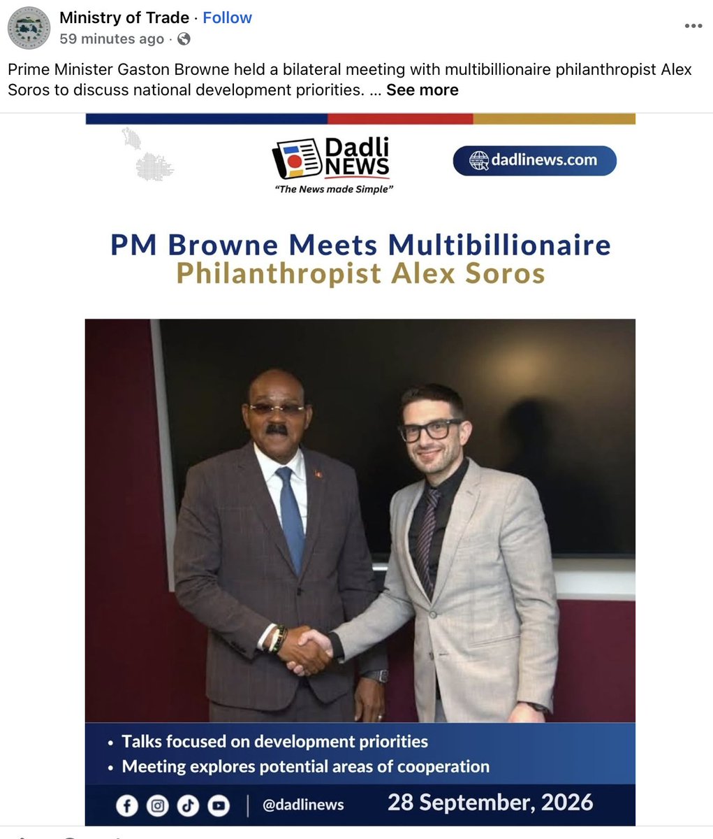 JMichaelWaller's tweet photo. Need to run a multibillion-dollar political warfare operation against the US with sovereign immunity?

Tiny microstate strongman who gives diplomatic passports to people like Alex Saab?

Antigua and Barbuda 🇦🇬 Prime Minister @gastonbrowne meets with Alex Soros. 

Why? @WHAAsstSecty @SecRubio @USAmbOAS https://t.co/KVlRwfhVtq