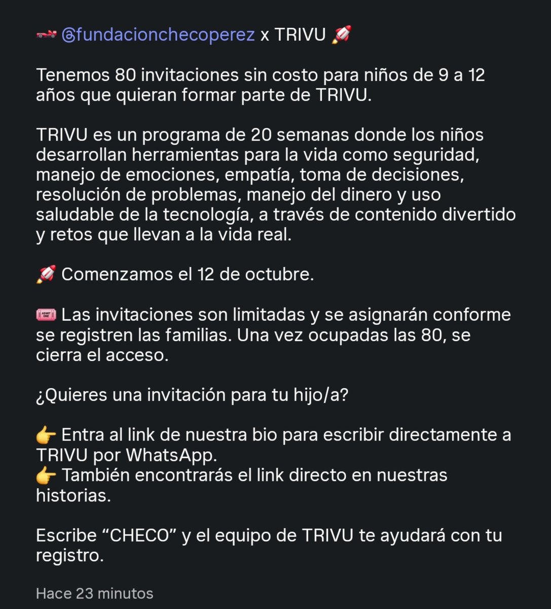 Checo_kingdom's tweet photo. @fundacionchecoperez x TRIVU

80 invitaciones para niños de entre 9-12 años

TRIVU es un programa de 20 semanas donde los niños desarrollan herramientas para la vida, las invitaciones son limitadas y se asignarán conforme se registren las familias. 🙌🏻🤓 https://t.co/by0pThylee
