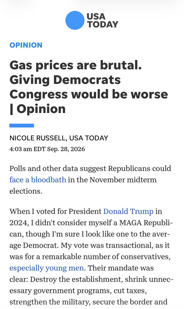 WeekendExplorer's tweet photo. Nicole Russell of @TheRightTrack writes in @USATODAY that despite starting war in Iran, real wage value decline, ballooning deficit, inflation, and many other failures that Republicans should still be elected in November. As a non-affiliated voter this is laughable. https://t.co/mMBD5MjClE