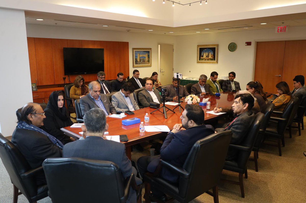 PakinUSA's tweet photo. Chairman of the Parliamentary Committee on Kashmir, Rana Muhammad Qasim Noon and Ambassador Rizwan Saeed Sheikh held an interactive session with media representatives at the Embassy of Pakistan in Washington, D.C.

Chairman Kashmir Committee, visiting the US Capital following engagements at the 81st UN General Assembly, briefed the journalists on developments and the way forward regarding the Kashmir Dispute. 

Chairman Noon reaffirmed Pakistan’s moral, diplomatic and political support for the Kashmiri people and stressed that lasting peace in South Asia depended on a just resolution of the Jammu and Kashmir dispute, in accordance with the prescribed solution enshrined in the relevant UN Security Council resolutions.

Ambassador Rizwan Saeed Sheikh underscored that the dispute remained firmly entrenched in the UN and other international frameworks and a peaceful resolution was indispensable to regional as well as global peace, security and stability in an increasingly interconnected world.