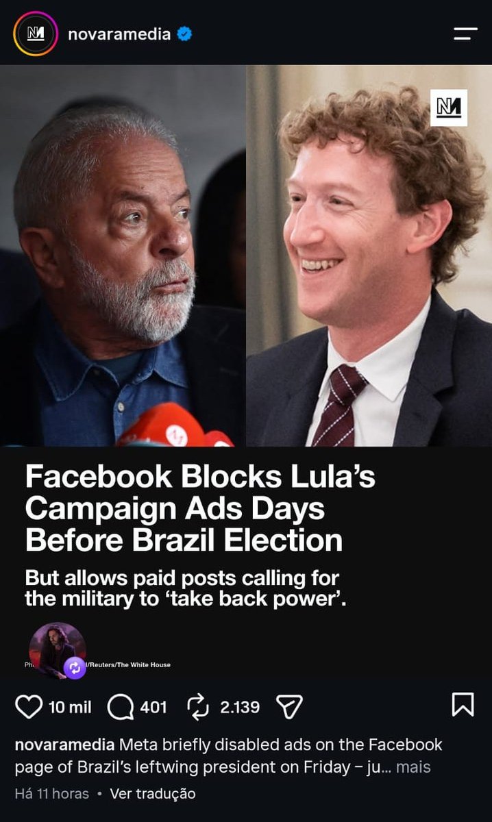PortalHozierBr's tweet photo. DO LADO CERTO SEMPRE ❤️🇧🇷

Repost recente de Hozier no Instagram: 

"Facebook bloqueia anúncios da campanha de Lula dias antes das eleições no Brasil, mas permite publicações pagas que pedem que os militares ‘retomem o poder’." https://t.co/xoSLGF9NFV