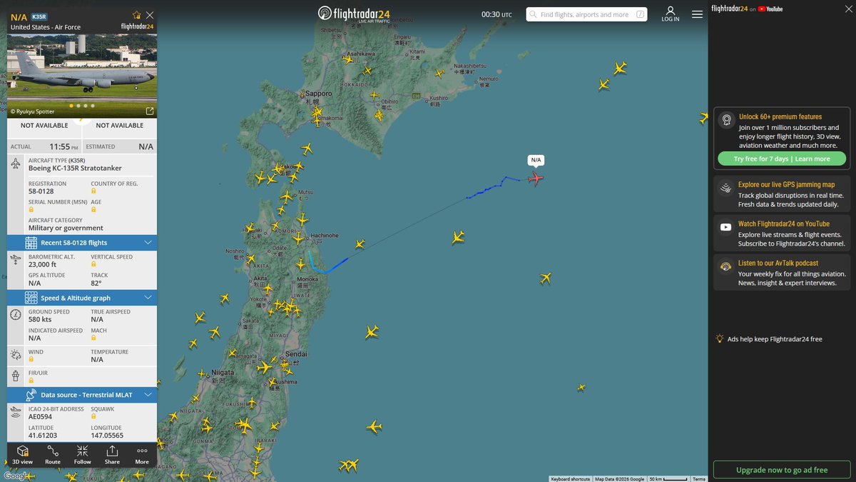 AIYeyENGDdJkjTr's tweet photo. Sept. 29, 2026
#Fairchild Air Force Base #Eielson Air Force Base #Misawa Air Base ==>
#NoCALLSIGN #AE025D USAF KC-135R Stratotanker
#NoCALLSIGN #AE0594 USAF KC-135R Stratotanker https://t.co/Di9PNALktD