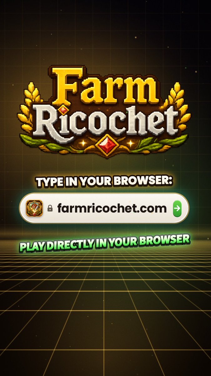 A promotional graphic for a browser game called 'Farm Ricochet,' instructing users to type 'farmricochet.com' in their browser, with text 'PLAY DIRECTLY IN YOUR BROWSER' on a grid-patterned background.