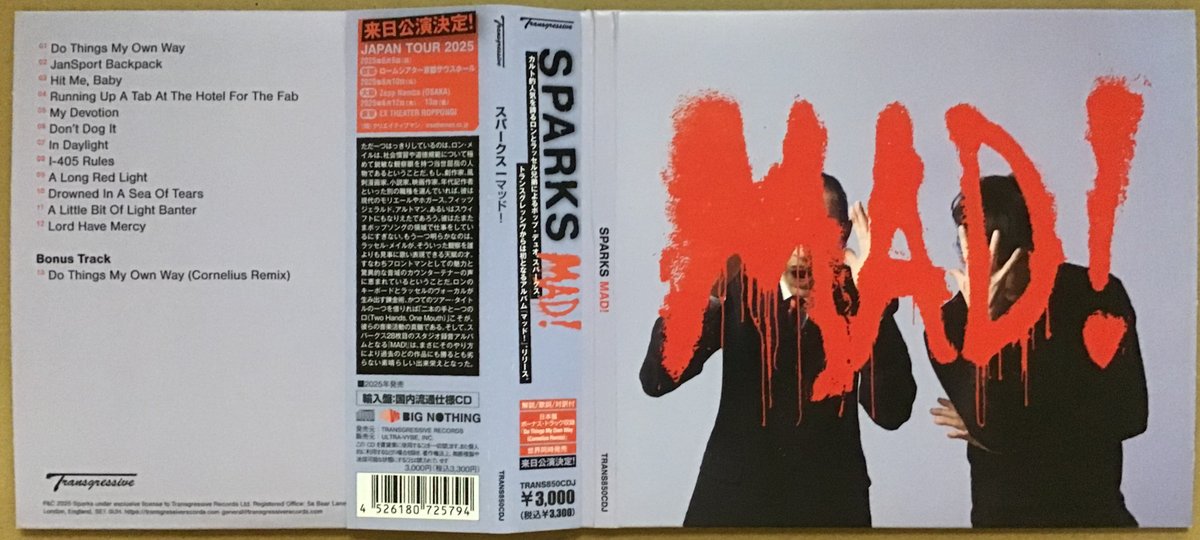 mnuzip's tweet photo. #Sparkstember2026 Day29 Mad! (2025)
LP 日本盤　未発売
CD TRANS850CDJ (2025) 翻訳/対訳：鈴木亨 紙J BT1 Do Things My Own Way (Cornelius Remix)
MAD! 発売記念サイン会 2025年6月3日（火）タワーレコード渋谷店 https://t.co/acDsSWX8Ah