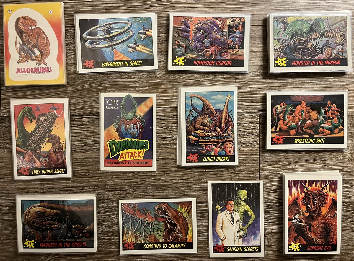 RetroFox8Bit's tweet photo. On the subject of my card collections, Dinosaurs Attack is probably my favorite. I believe it's meant to be a spoof on the Mars Attacks cards and they did not pull punches on the gory art, lol. The backs have neat themes to tell the story. It's a weird and wacky set to be sure. https://t.co/ihAUPvfjVA