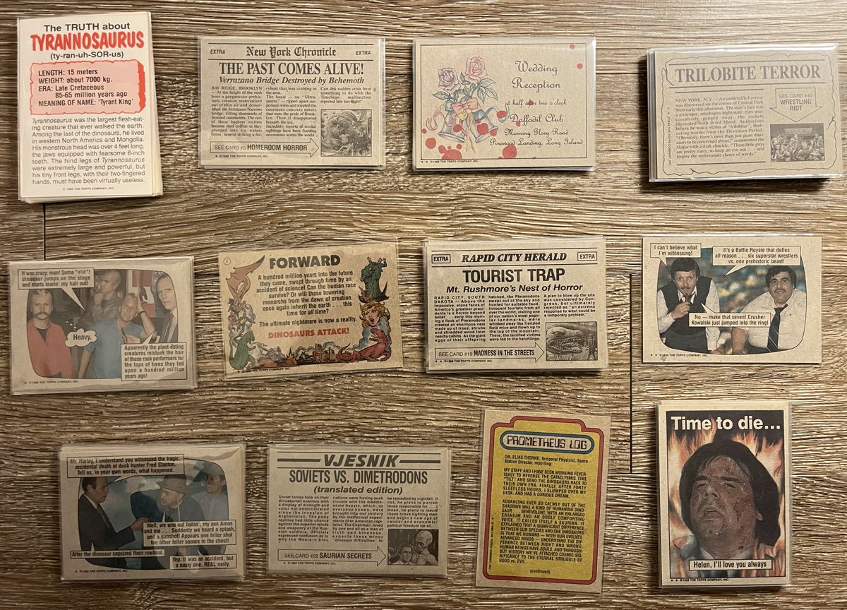 RetroFox8Bit's tweet photo. On the subject of my card collections, Dinosaurs Attack is probably my favorite. I believe it's meant to be a spoof on the Mars Attacks cards and they did not pull punches on the gory art, lol. The backs have neat themes to tell the story. It's a weird and wacky set to be sure. https://t.co/ihAUPvfjVA