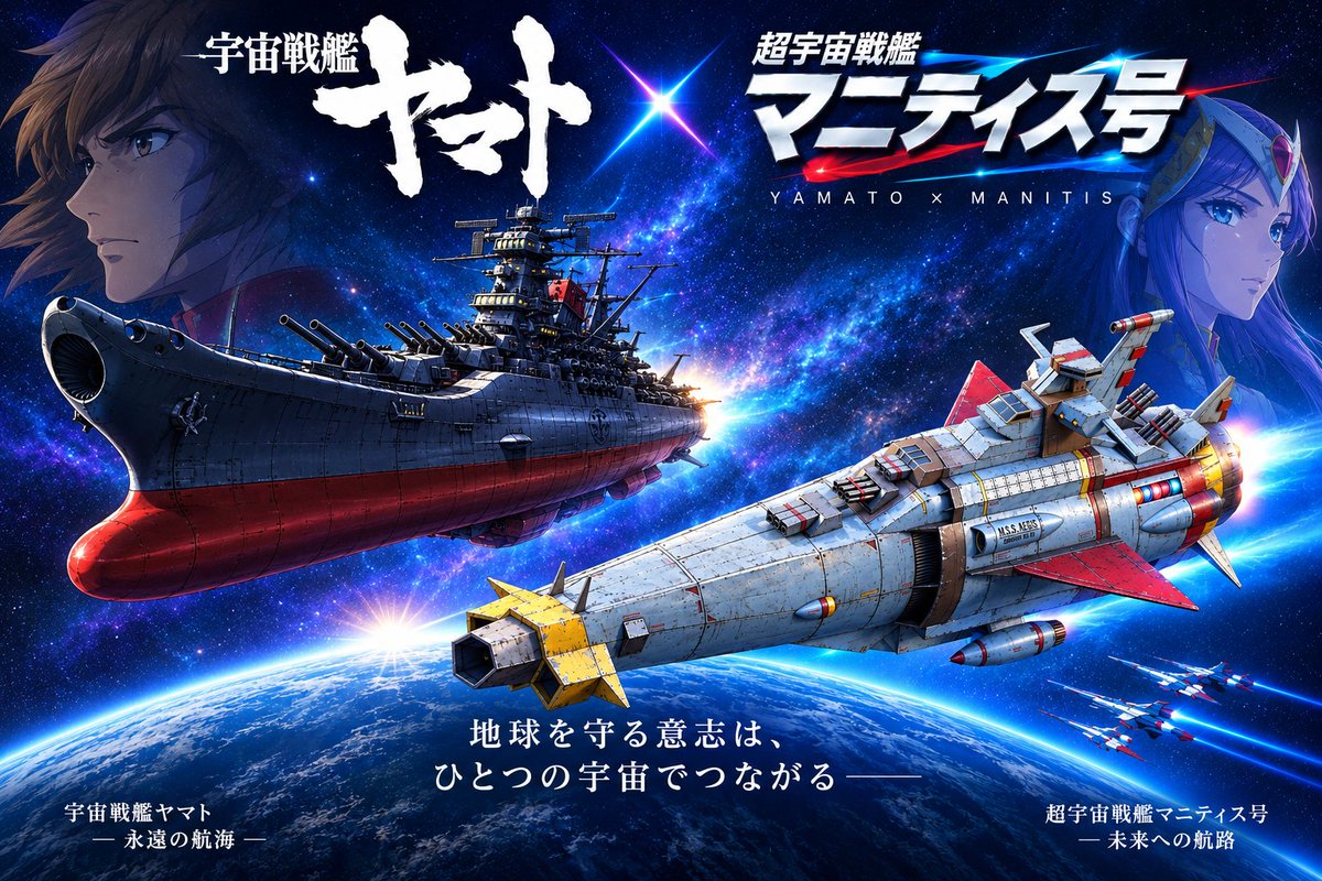 mania_ms's tweet photo. 宇宙戦艦ヤマトとマニティス号のコラボ。
マニティス号は「超宇宙戦艦」ではなく、「宇宙機動戦艦」です。 https://t.co/ec2wwn0Y0O