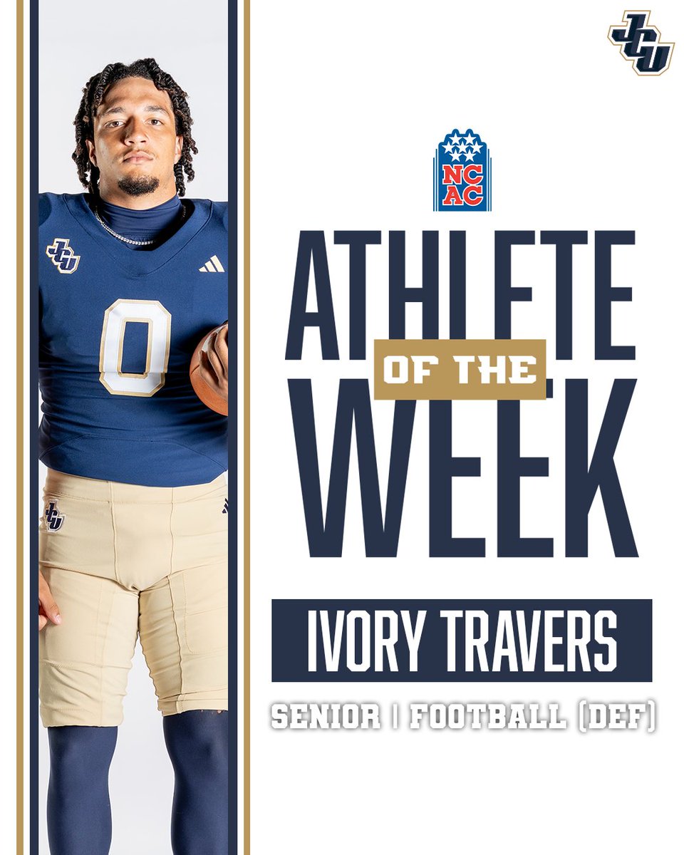 jcusports's tweet photo. FB: Ivory Travers is the NCAC Athlete of the Week for the first time in his career!

The Pittsburgh native guided the @JCUFootball defense in a dominant home victory over Wittenberg with a stat line that included 3.5 TFL and 2 sacks!
📰 https://t.co/5NwMNlXfbj https://t.co/W7VdJo13Ne