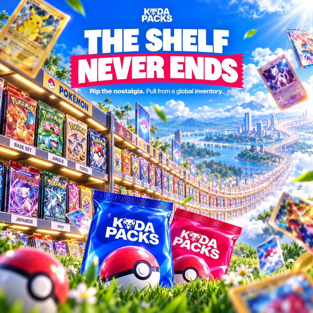 kodapacks's tweet photo. In the late ’90s and early 2000s, ripping Pokémon meant walking into Toys “R” Us, Walmart, or your local card shop and choosing from whatever was on the shelf.

Base Set. Jungle. Fossil. Maybe a Japanese pack if your shop was good.

That limitation was part of the experience, because there was no alternative.

Today, the cards people actually want are scattered across eBay: PSA 10 vintage, Japanese exclusives, modern chase cards, promos, and listings that went live five minutes ago.

Why should an online ripping platform still have the inventory limits of a physical card shop?

We use live eBay inventory instead.

The nostalgia of ripping a pack, with a shelf that never ends.