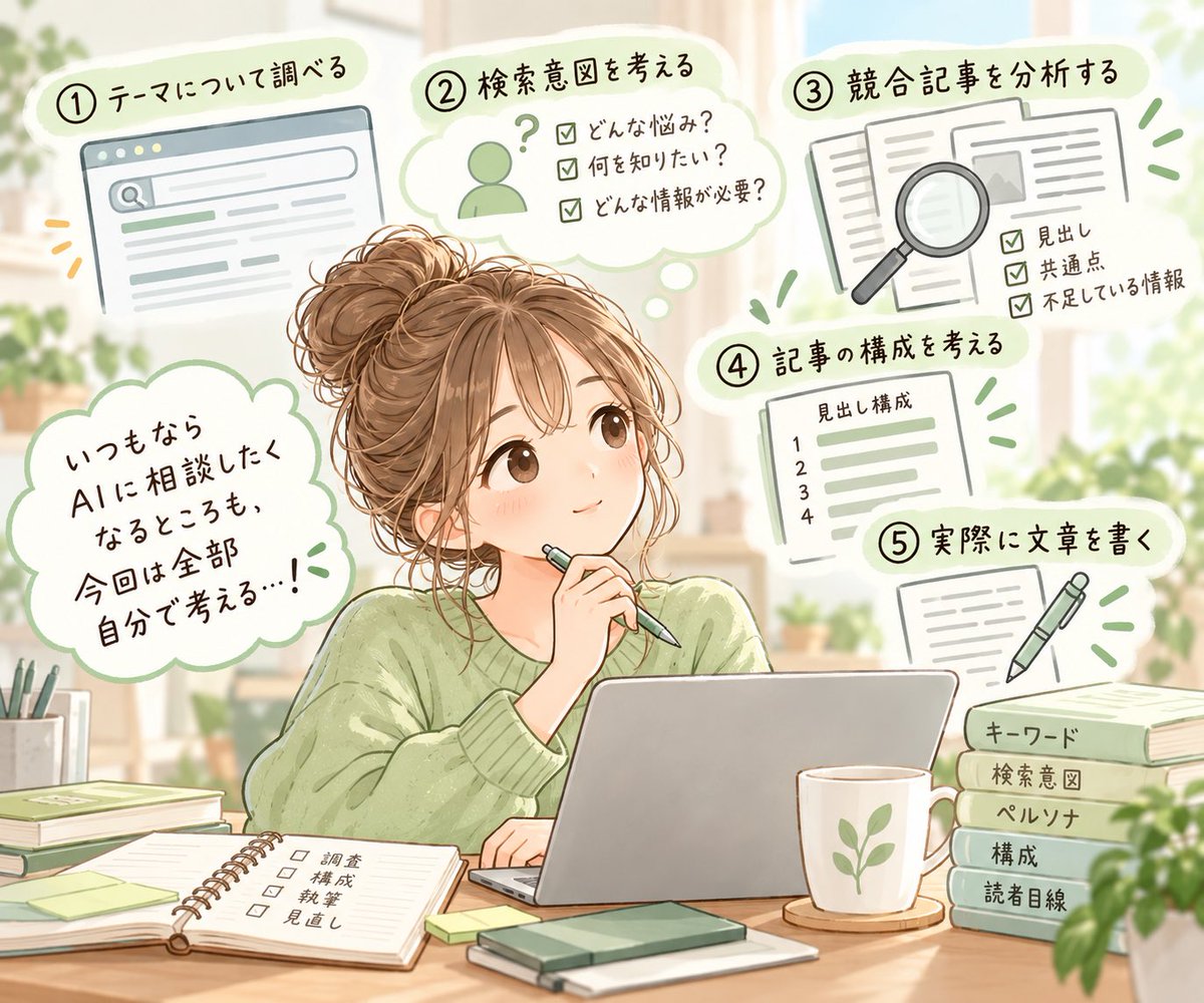 naoyoj8's tweet photo. AIなしで、テーマを調べ、検索意図を考え、競合を分析して構成を作る。

普段ならAIに相談する場面も、自分で考えました。

「読者は何を知りたい？」
「この順番で分かりやすい？」

一つずつ考えながら進めました。 https://t.co/PTLgpC9x3h