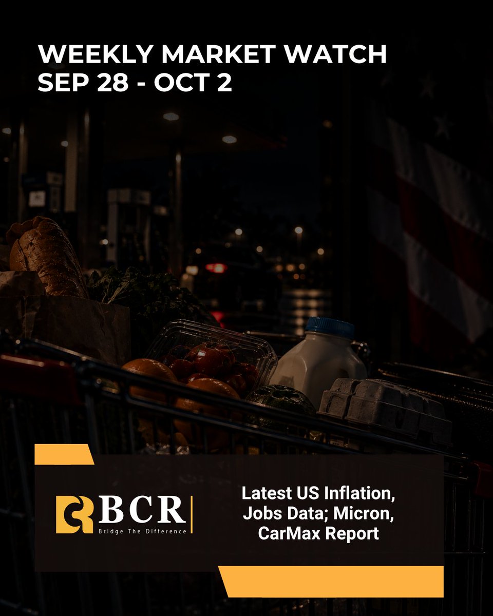 bcrgroupglobal's tweet photo. Wall Street will focus on key U.S. economic data this week, including the first inflation reading since the Federal Reserve raised rates on Sept. 16. August PCE inflation, the Fed’s preferred measure, could shape expectations for future rate decisions.

Consumer confidence and September employment data will also offer fresh insight into the economy and labor market.

On the corporate front, CarMax, Accenture and Micron Technology are among the companies reporting earnings. Micron will be closely watched as strong AI demand continues to drive growth in memory chips and data centers.

#thebcr #bcrtrading #bcrglobal